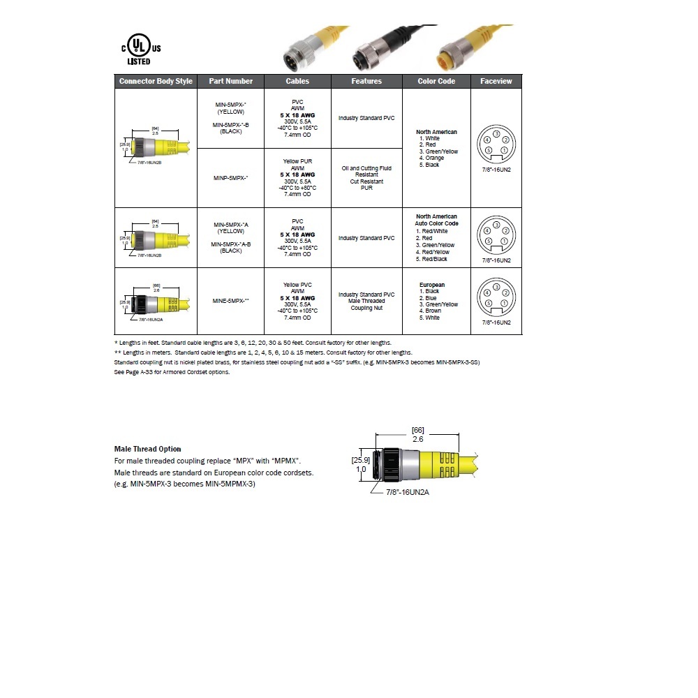 MIN-5MPX-6 MENCOM CORDSET<BR>5 PIN 7/8" MINI MALE STR 6' PVC YE 18AWG 300VAC/DC