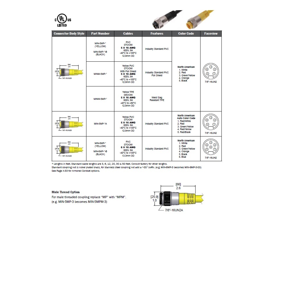 MIN-5MP-6 MENCOM CORDSET<BR>5 PIN 7/8" MINI MALE STR 6' PVC YE 16AWG 600VAC/DC