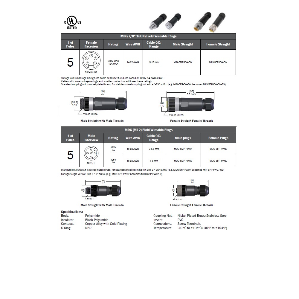 MIN-5MP-FW-DN MENCOM DEVICENET RECEPTACLE<BR>5 PIN 7/8" MINI MALE STR FW PG16 CG 600VAC/DC