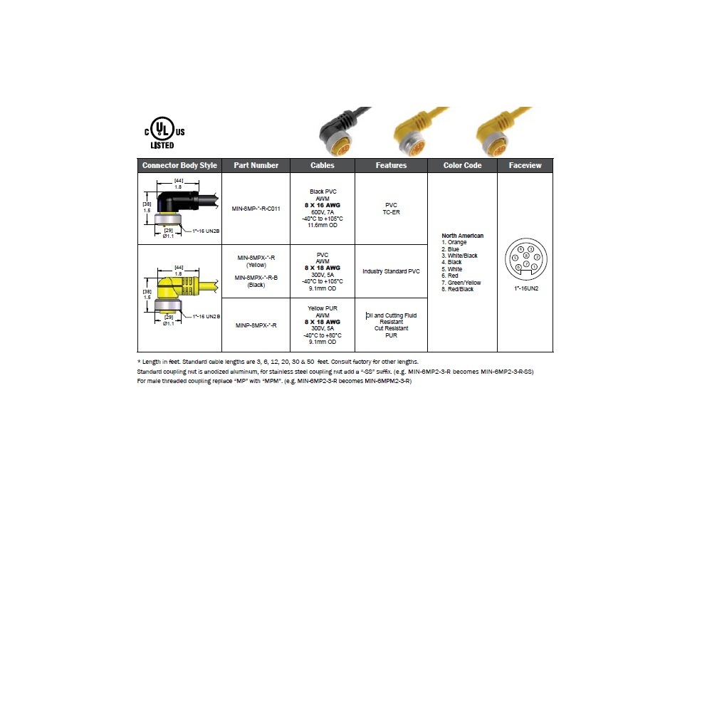 MIN-8FPX-12-R MENCOM CORDSET<BR>8 PIN 1" MINI FEMALE ELB 12' PVC YE 18AWG 300VAC/DC