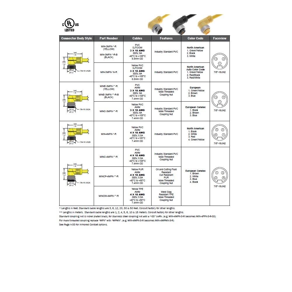 MINC-4FPX-5M MENCOM CORDSET<BR>4 PIN 7/8" MINI FEMALE STR 5M PVC YE 18AWG 300VAC/DC