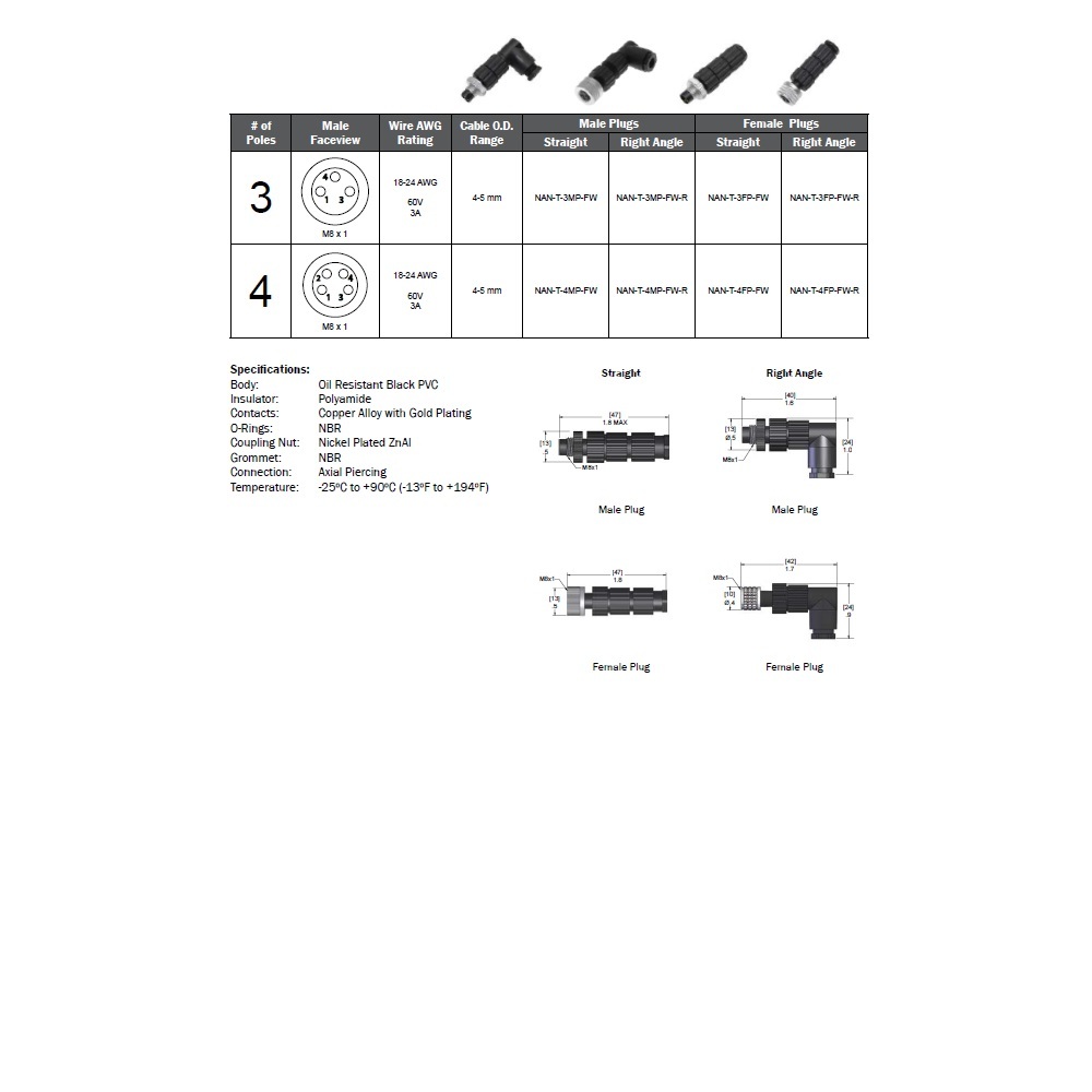 NAN-T-4MP-FW MENCOM CIRCULAR CONNECTOR<BR>4 PIN M8 MALE STR FW PG7 CG 60VAC/DC