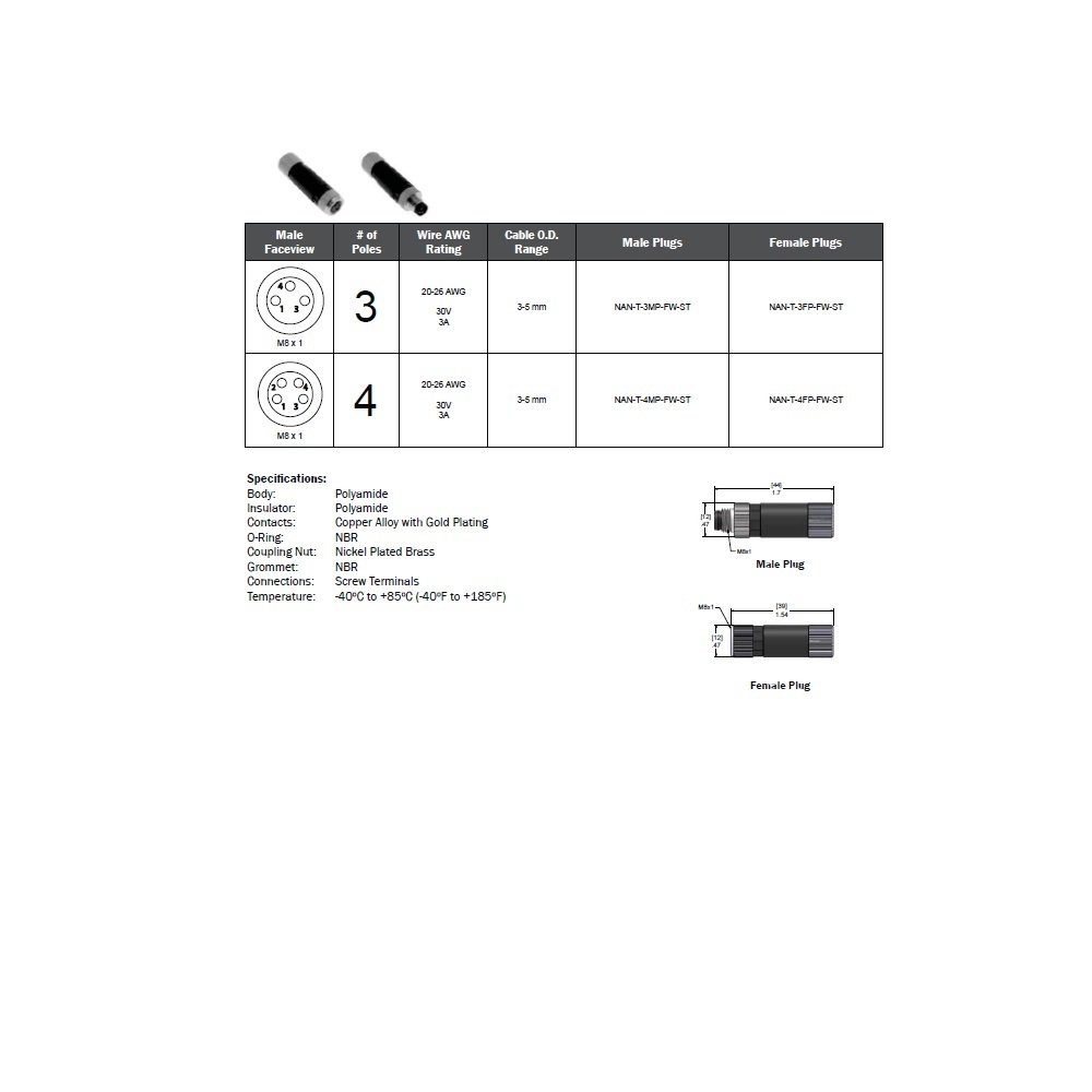 NAN-T-4FP-FW-ST MENCOM CIRCULAR CONNECTOR<BR>4 PIN M8 FEMALE STR FW PG7 CG 30VAC/DC SCREW TERM.