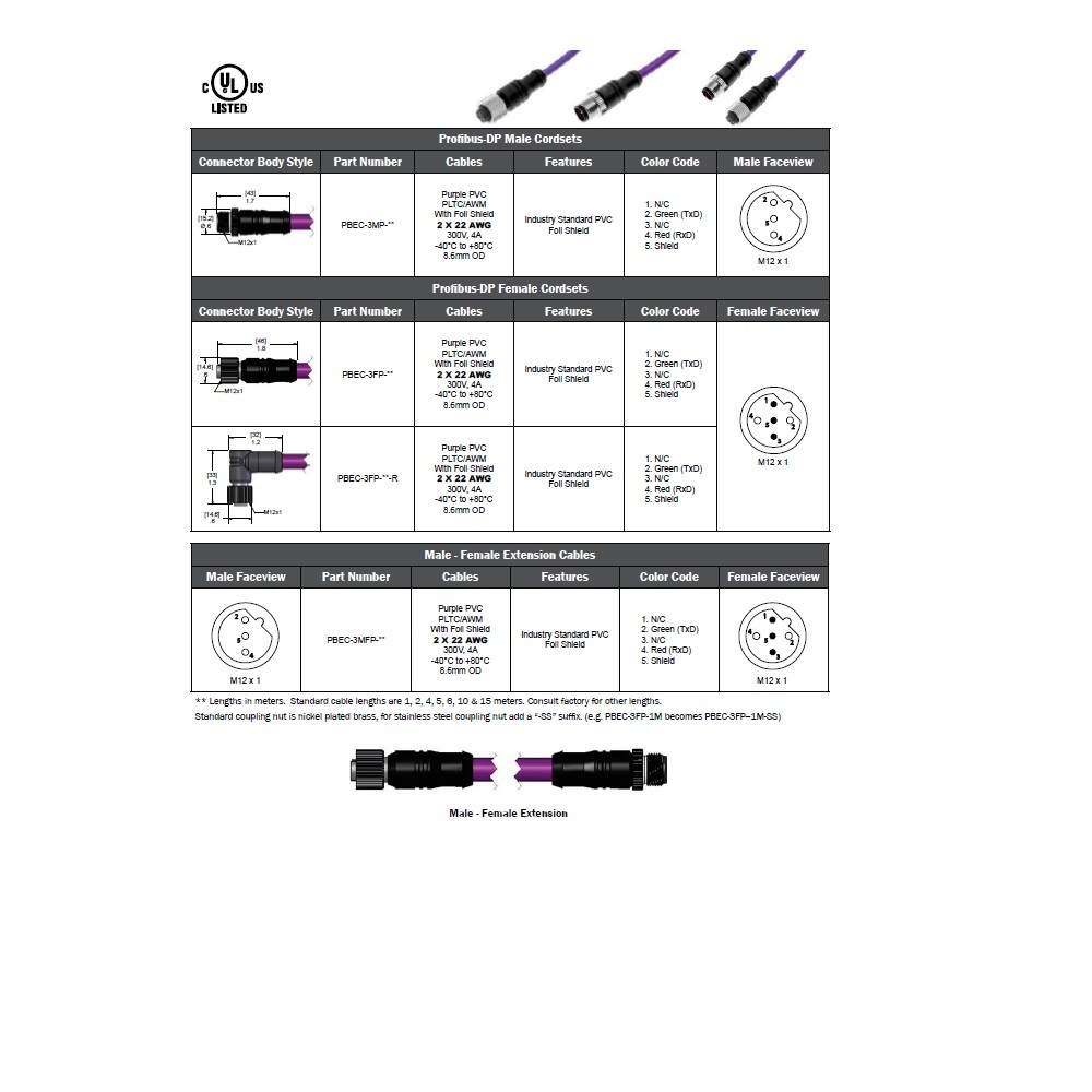 PBEC-3MFP-1M MENCOM PROFIBUS/DP CORDSET<BR>3 PIN M12 M/F STR 1M PVC VL 22AWG 300VAC/DC SHIELDED