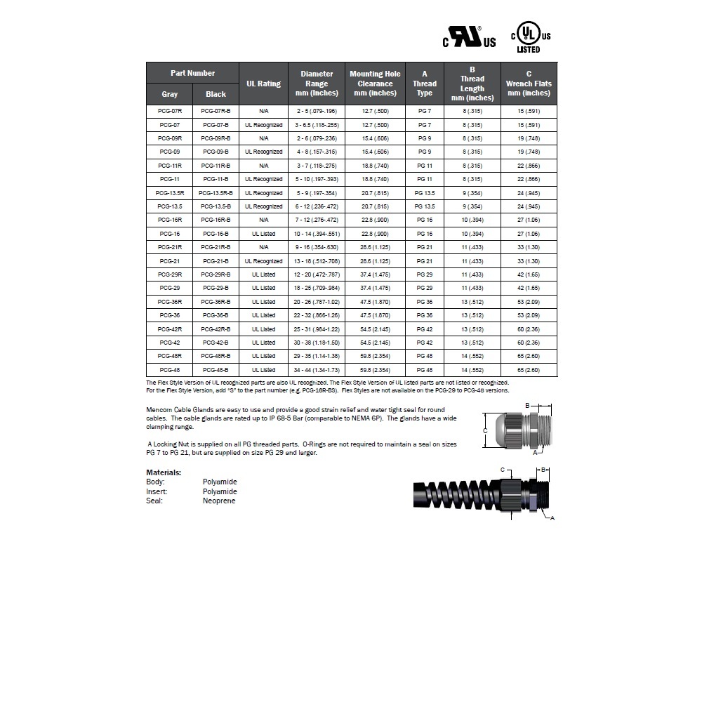 PCG-13.5 MENCOM CABLE GLAND<BR>PG13.5 MALE THR 6-12MM CG PLASTIC (GRAY)