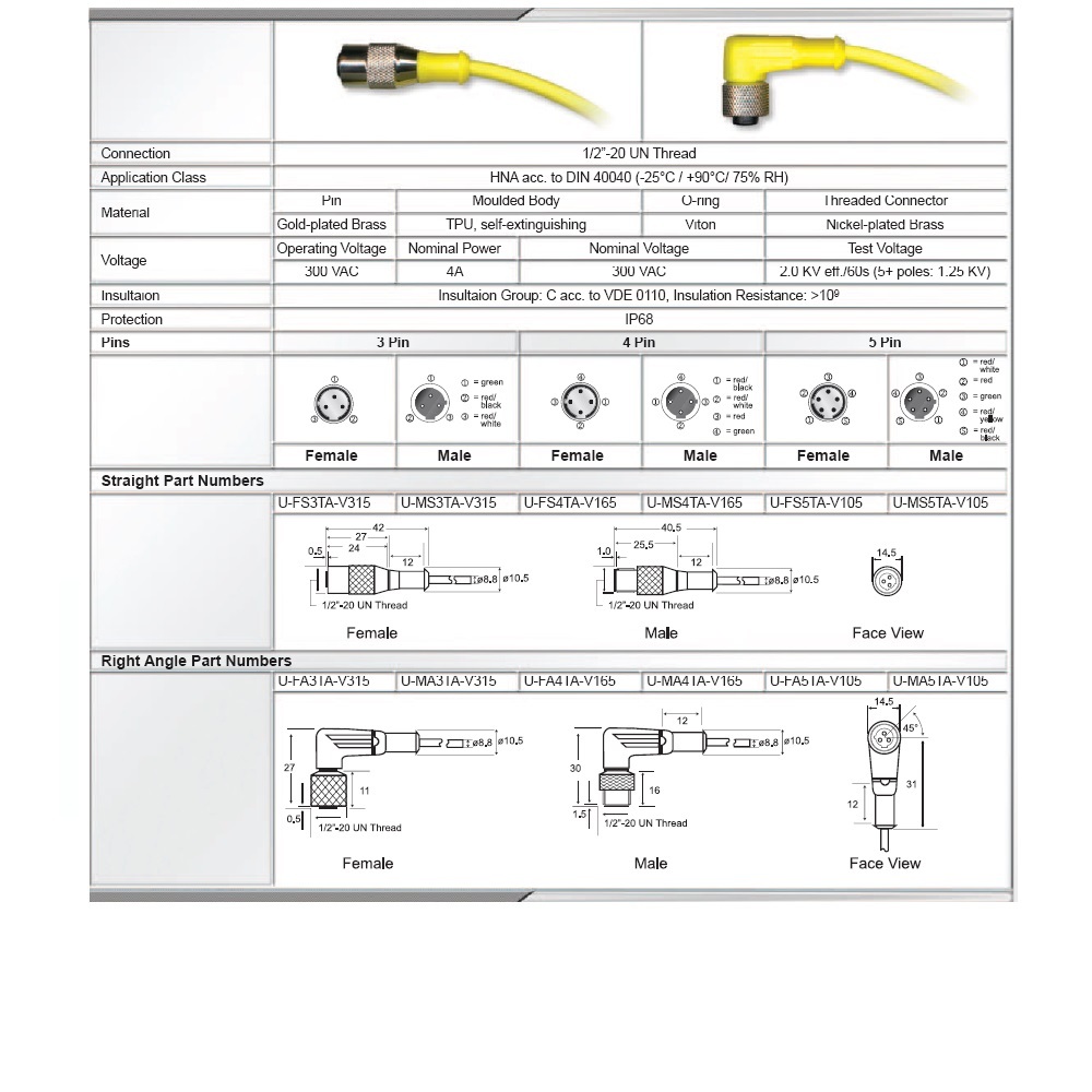 U-FA3TAV315 HTM CORDSET<BR>3 PIN M12 FEMALE ELB 5M TPU YE 300VAC