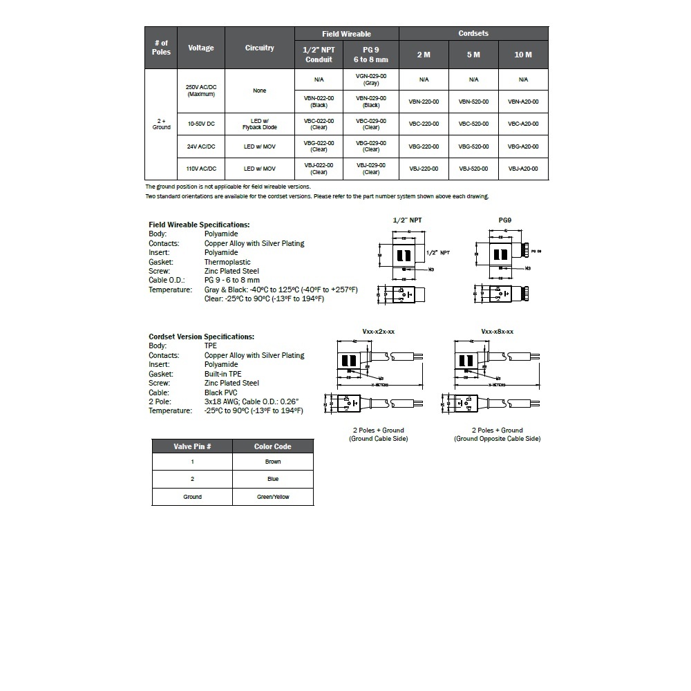 VBC-220-00 MENCOM SOLENOID VALVE CORDSET<BR>FORM B DIN 2+G 2M LED/DIODE, 10-50VAC/DC