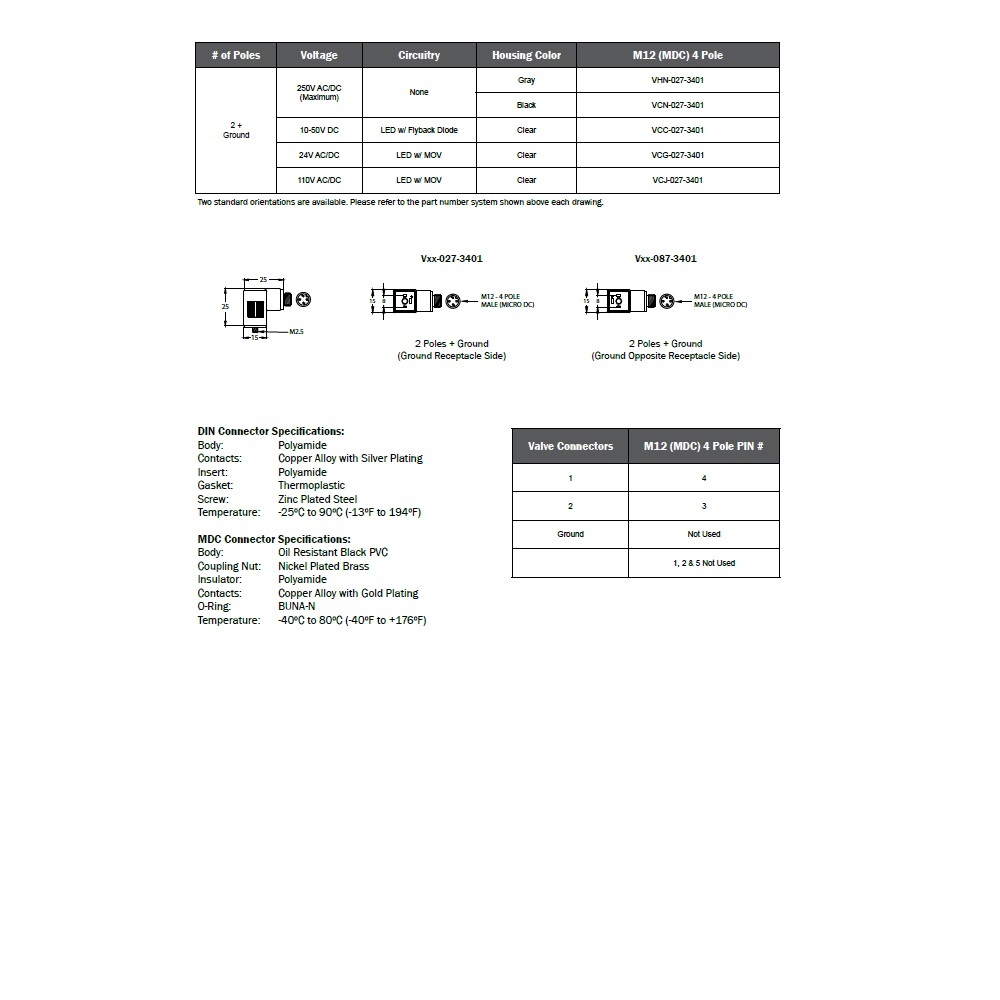 VCG-027-3401 MENCOM SOLENOID VALVE ADAPTER<BR>FORM C IND 2+G/4 PIN M12 MALE FW LED/MOV,  24VDC