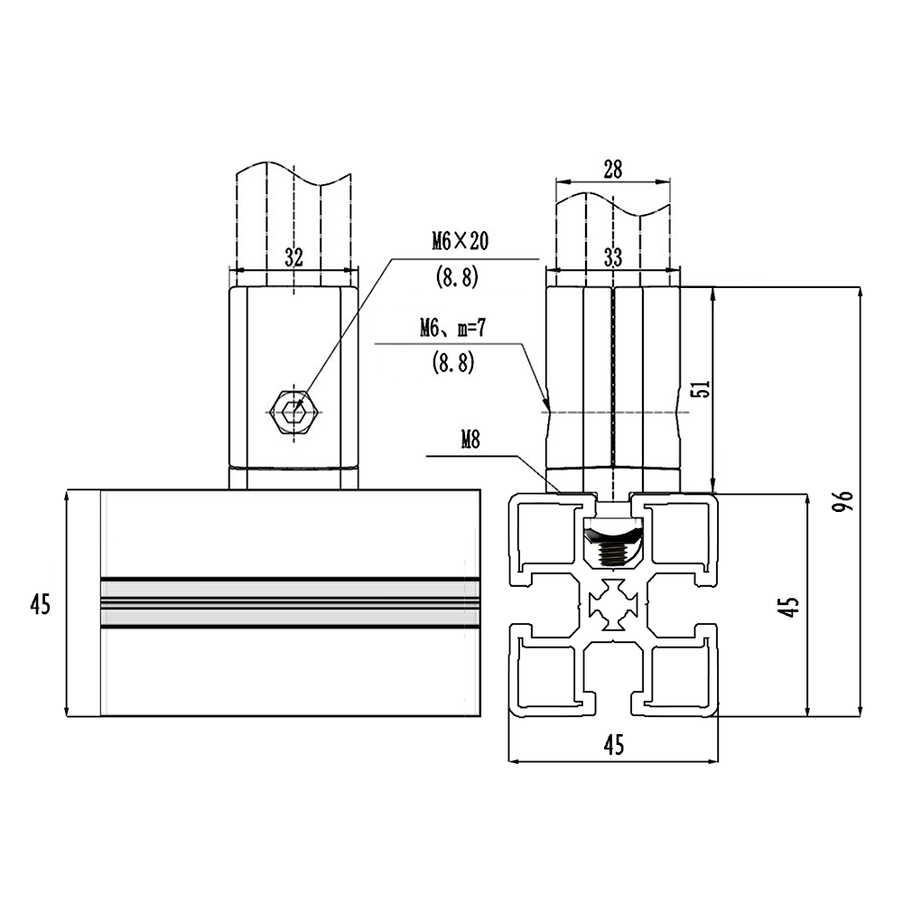 41D-157-3 SOLUTION D28 TO SQUARE PROFILE CONNECTOR<BR>CONNECTOR END TO 30 SERIES PROFILE
