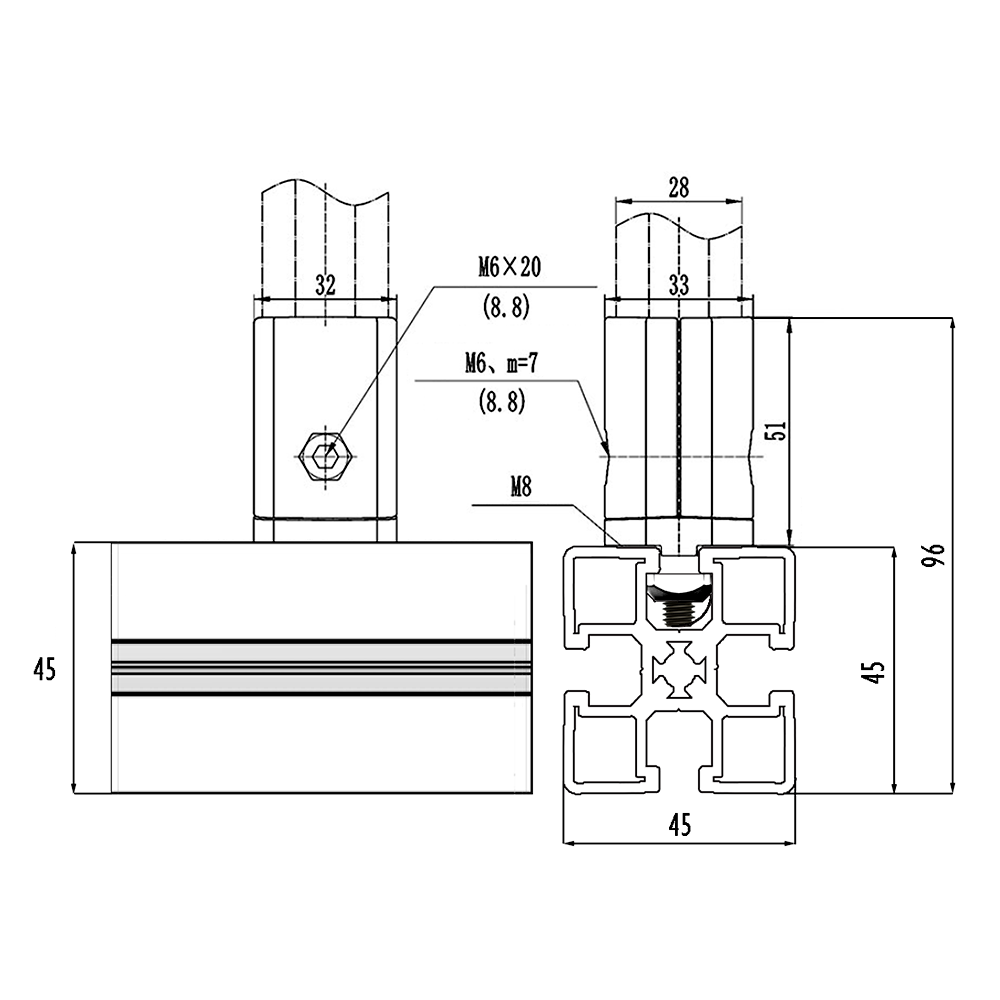 41D-157-1 MODULAR SOLUTION D28 TO SQUARE PROFILE CONNECTOR<BR>CONNECTOR END TO 45 SERIES PROFILE