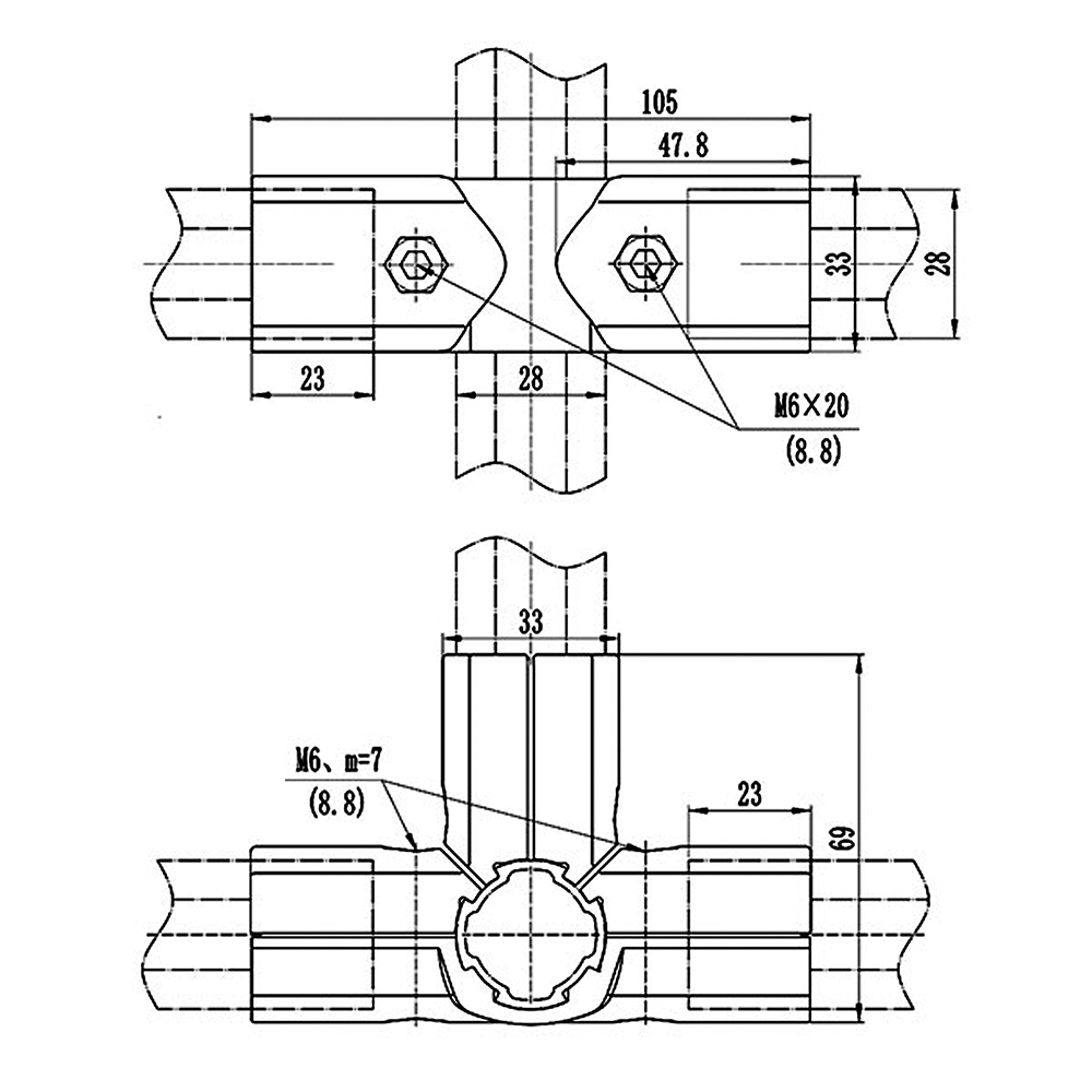 41D-160-0 MODULAR SOLUTION D28 CONNECTOR<BR>CONNECTOR SHAFT TO TRIPPLE END TEE