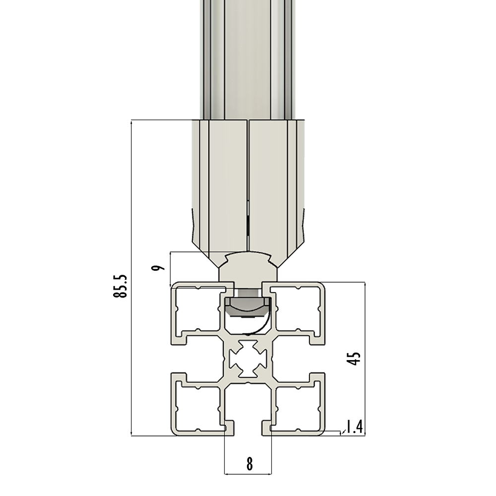 41D-166-3 MODULAR SOLUTION D28 TO SQUARE PROFILE CONNECTOR<BR>CREATE D28 RIDGE FOR M8 TEE SLOT