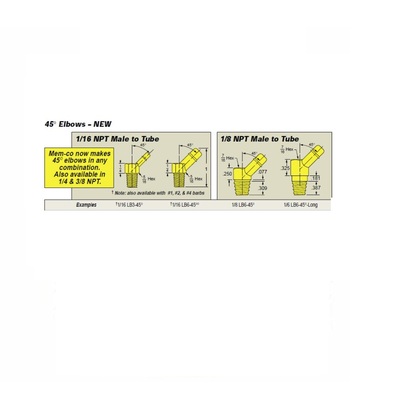 1/16 LB5-45 DEG MEM-CO BRASS FITTING<BR>1/16" NPT MALE X 3/16" BARB 45DEG ELBOW