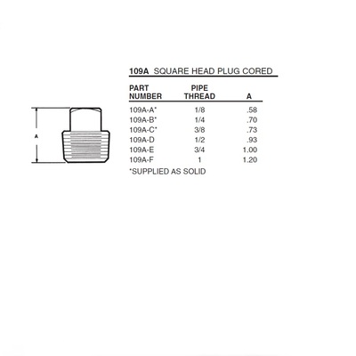 109A-C ANDERSON BRASS FITTING<BR>3/8" NPT MALE SQ. HEX HEAD PLUG