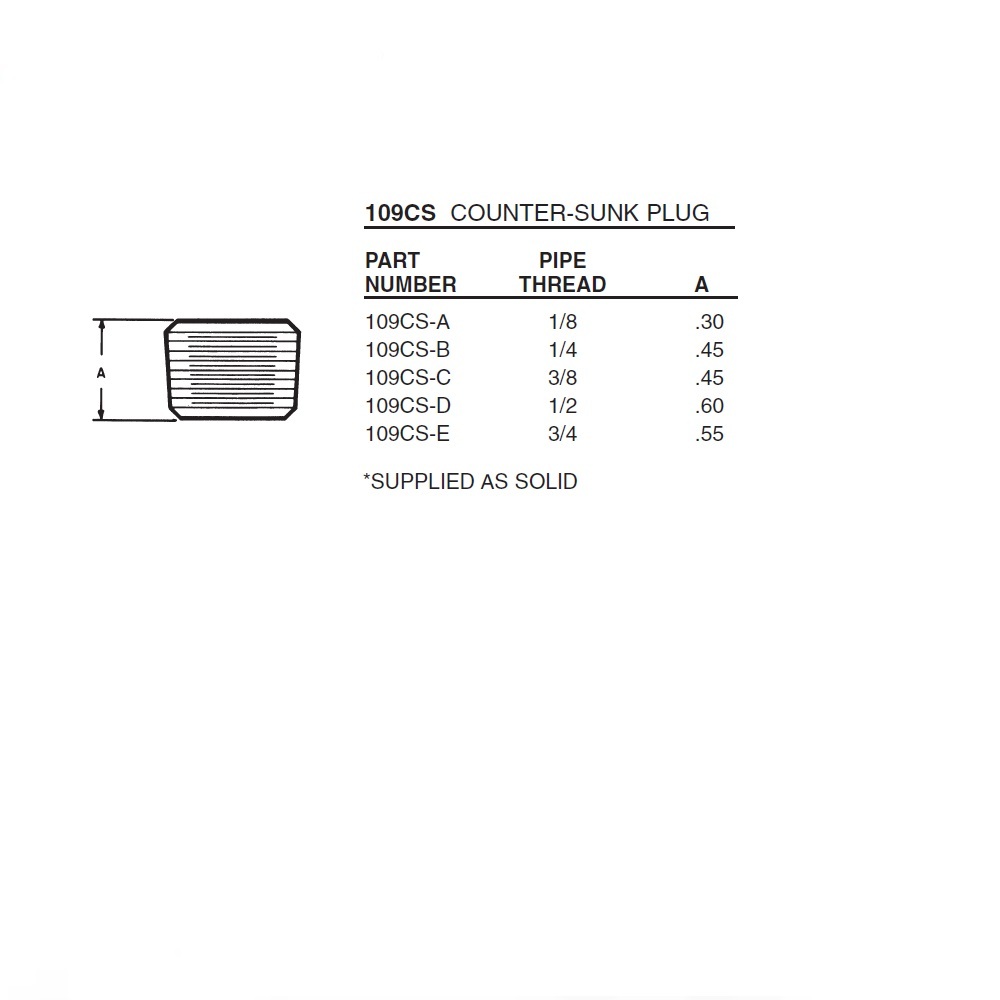 109CS-C ANDERSON BRASS FITTING<BR>3/8" NPT MALE HEX COUNTERSUNK PLUG