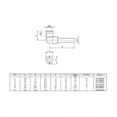 2121306060 NUMATICS/AVENTICS PLASTIC PUSH-IN FITTING<BR>6MM TUBE X 6MM PLUG-IN ELBOW (OVAL)