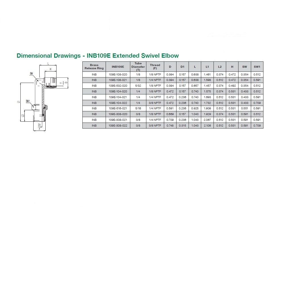 INB109E-308-022 NUMATICS/AVENTICS NP BRASS PUSH-IN FITTING<BR>3/8" TUBE X 3/8" NPT MALE SWIVEL EXT ELBOW