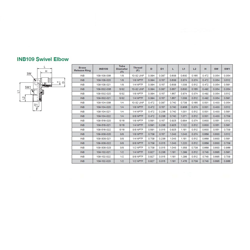 INB109-532-020F NUMATICS/AVENTICS NP BRASS PUSH-IN FITTING<BR>5/32" TUBE X 1/8" NPT MALE SWIVEL ELBOW (VITON)