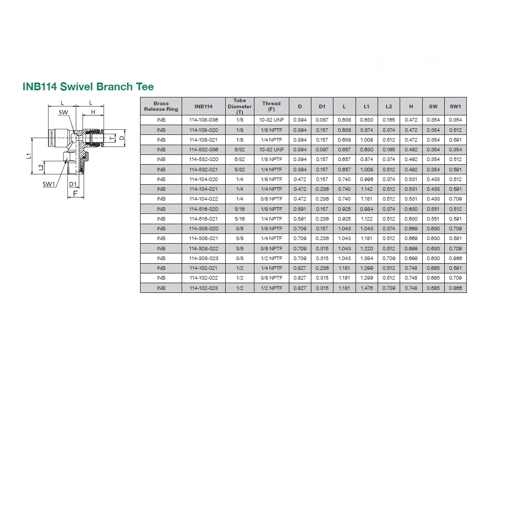 INB114-108-036 NUMATICS/AVENTICS NP BRASS PUSH-IN FITTING<BR>1/8" TUBE X 10/32" UNF MALE SWIVEL BRANCH TEE