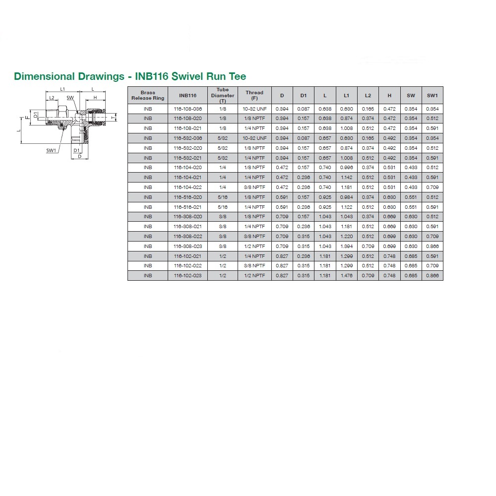 INB116-532-021 NUMATICS/AVENTICS NP BRASS PUSH-IN FITTING<BR>5/32" TUBE X 1/4" NPT MALE SWIVEL RUN TEE