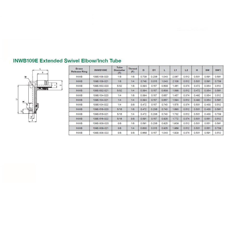 INWB109E-104-020 NUMATICS/AVENTICS NP BRASS PUSH-IN FITTING<BR>1/4" TUBE X 1/8" UNIV MALE SWIVEL EXT ELBOW