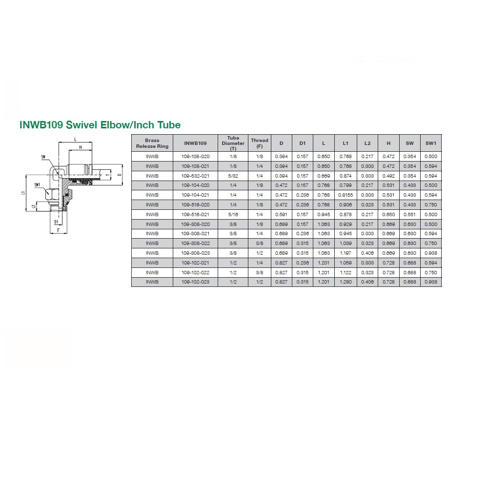 INWB109-104-020 NUMATICS/AVENTICS NP BRASS PUSH-IN FITTING<BR>1/4" TUBE X 1/8" UNIV MALE SWIVEL ELBOW