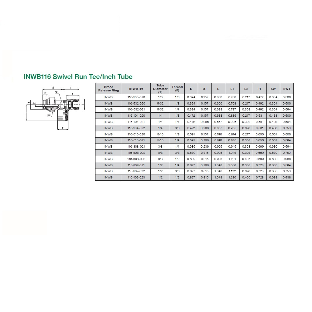 INWB116-104-020 NUMATICS/AVENTICS NP BRASS PUSH-IN FITTING<BR>1/4" TUBE X 1/8" UNIV MALE SWIVEL RUN TEE