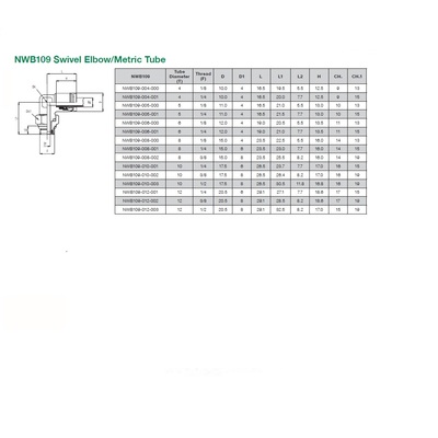 NWB109-006-001 NUMATICS/AVENTICS NP BRASS PUSH-IN FITTING<BR>6MM TUBE X 1/4" UNIV MALE SWIVEL ELBOW