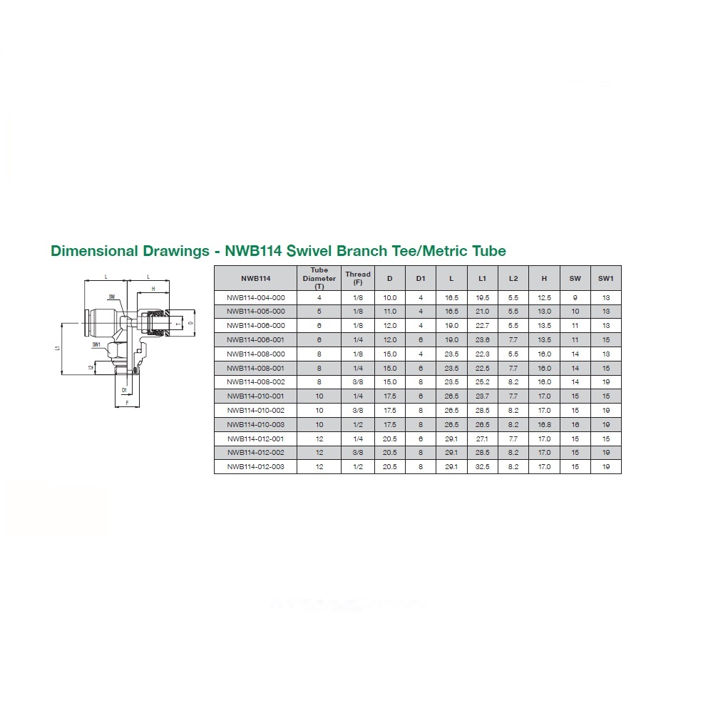 NWB114-010-003 NUMATICS/AVENTICS NP BRASS PUSH-IN FITTING<BR>10MM TUBE X 1/2" UNIV MALE SWIVEL BRANCH TEE