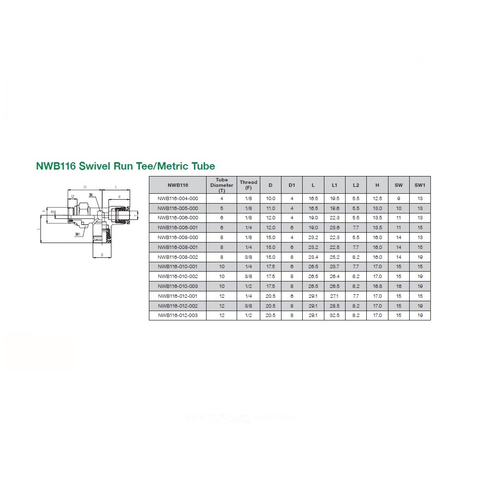 NWB116-012-002 NUMATICS/AVENTICS NP BRASS PUSH-IN FITTING<BR>12MM TUBE X 3/8" UNIV MALE SWIVEL RUN TEE