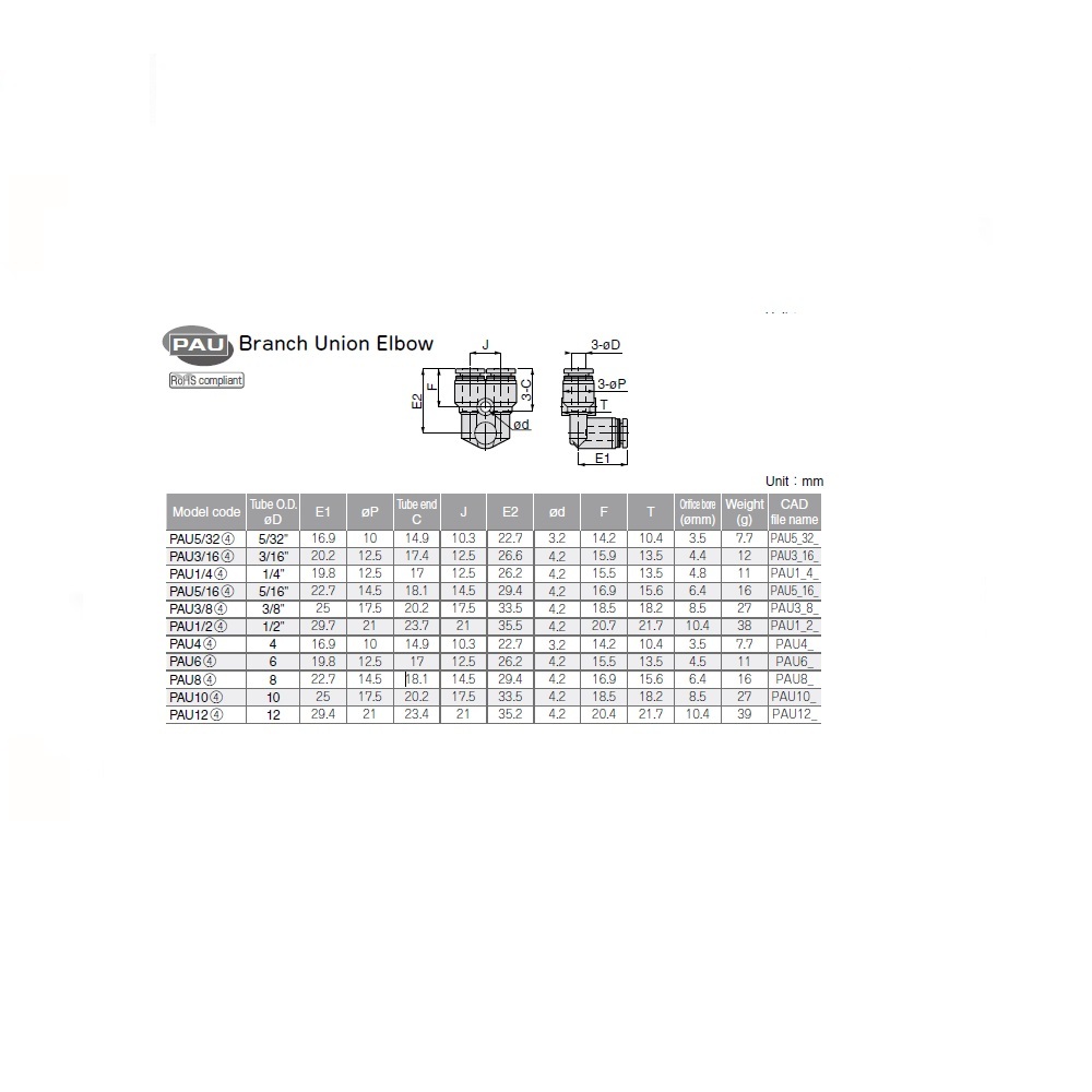 PAU4 PISCO PLASTIC PUSH-IN FITTING<BR>4MM TUBE UNION BRANCH ELBOW