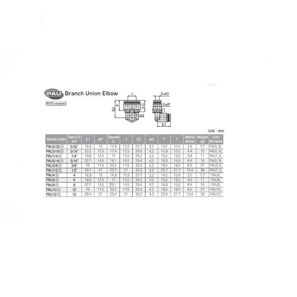 PAU6 PISCO PLASTIC PUSH-IN FITTING<BR>6MM TUBE UNION BRANCH ELBOW