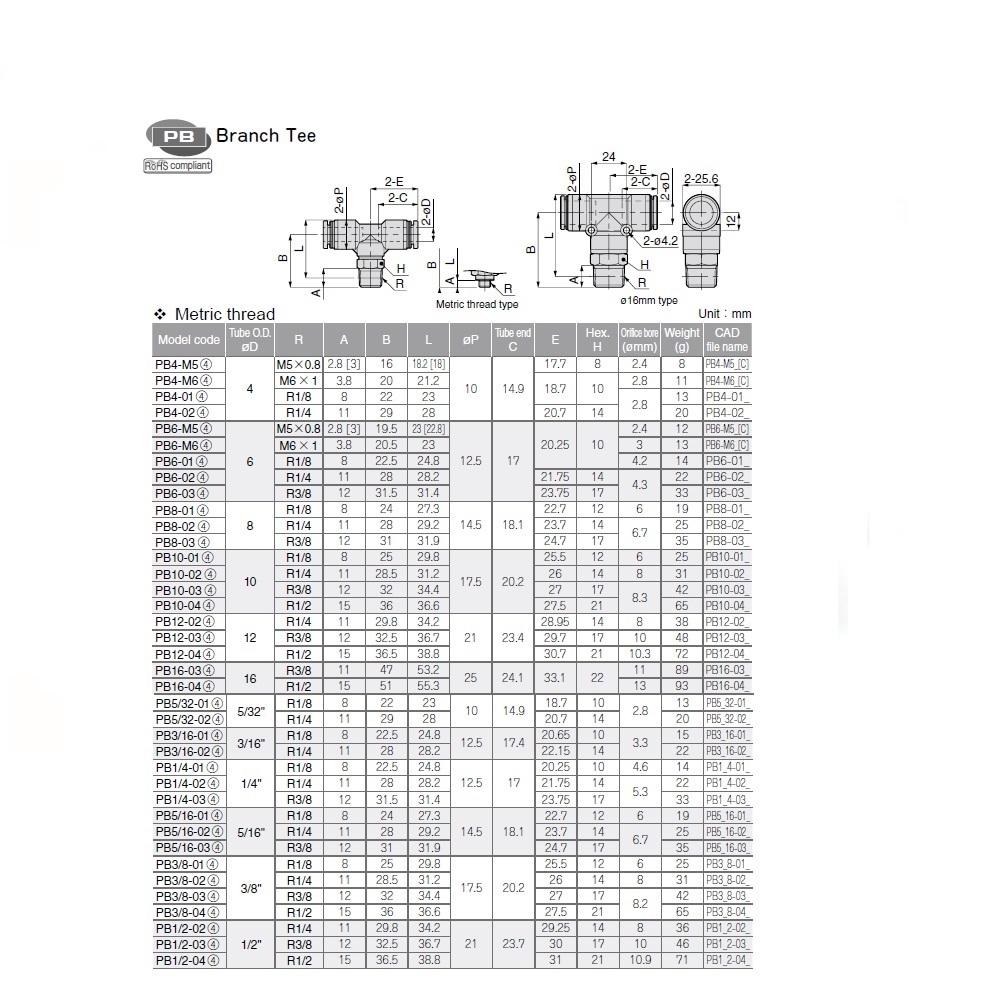PB1/4-01 PISCO PLASTIC PUSH-IN FITTING<BR>1/4" TUBE X 1/8" BSPT MALE BRANCH TEE