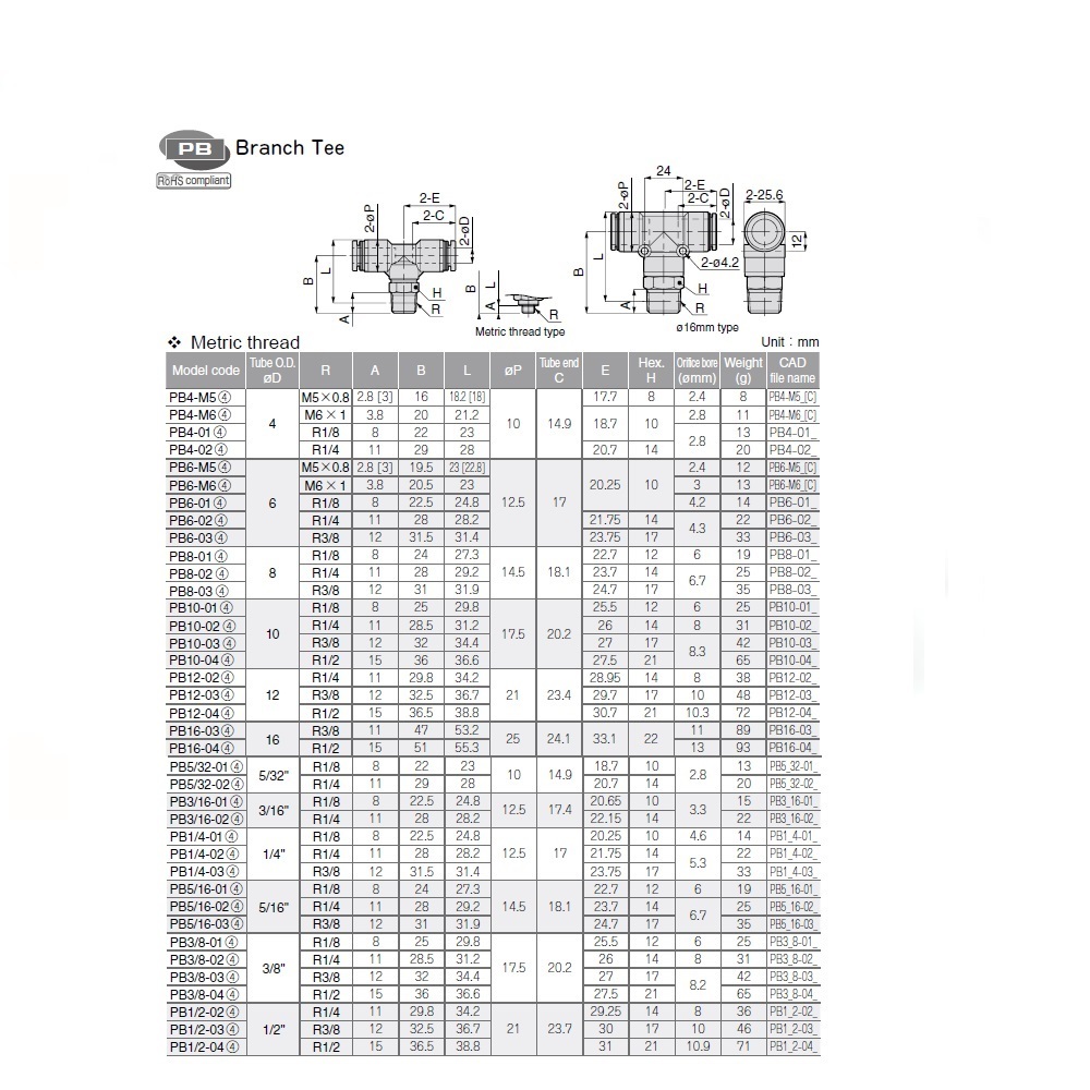 PB5/16-01 PISCO PLASTIC PUSH-IN FITTING<BR>5/16" TUBE X 1/8" BSPT MALE BRANCH TEE