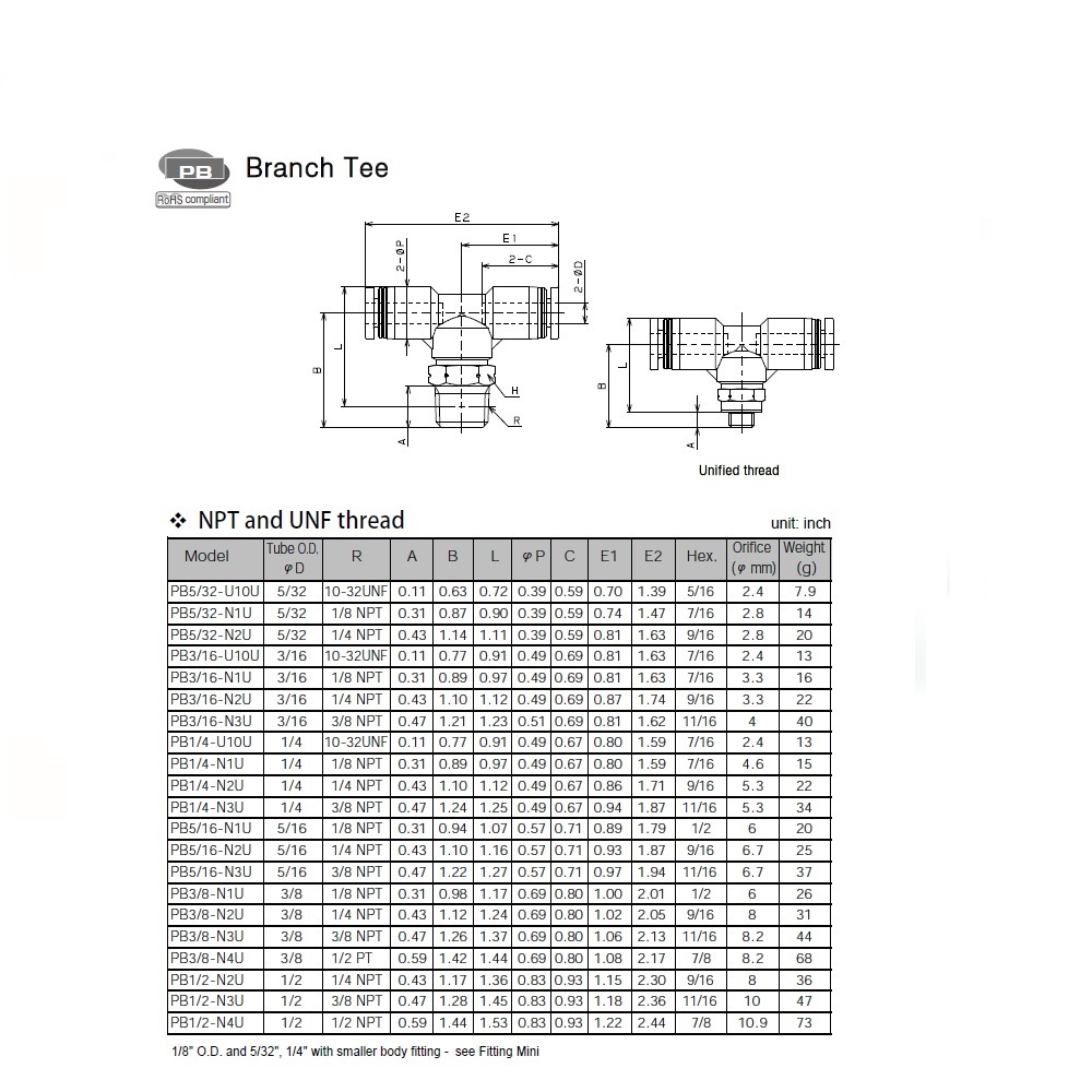 PB3/16-N1U PISCO PLASTIC PUSH-IN FITTING<BR>3/16" TUBE X 1/8" NPT MALE BRANCH TEE