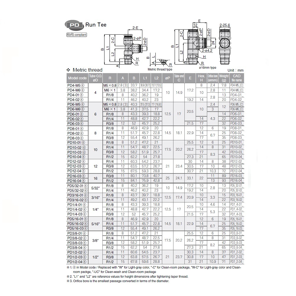 PD1/4-03 PISCO PLASTIC PUSH-IN FITTING<BR>1/4" TUBE X 3/8" BSPT MALE RUN TEE