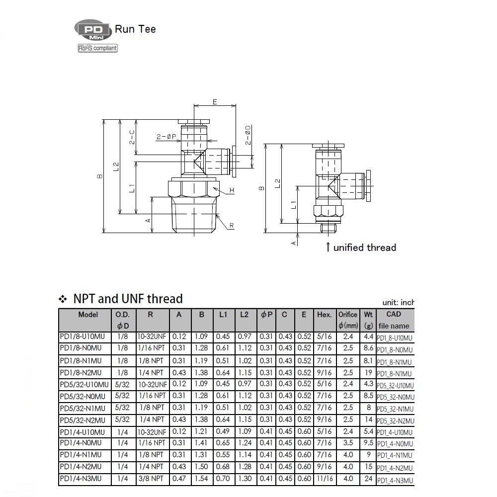 PD1/8-U10MU PISCO MINI PLASTIC PUSH-IN FITTING<BR>1/8" TUBE X 10/32" UNF MALE RUN TEE