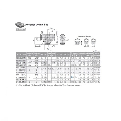 PEG4-3M PISCO MINI PLASTIC PUSH-IN FITTING<BR>3MM TUBE X 4MM TUBE(2) UNION TEE