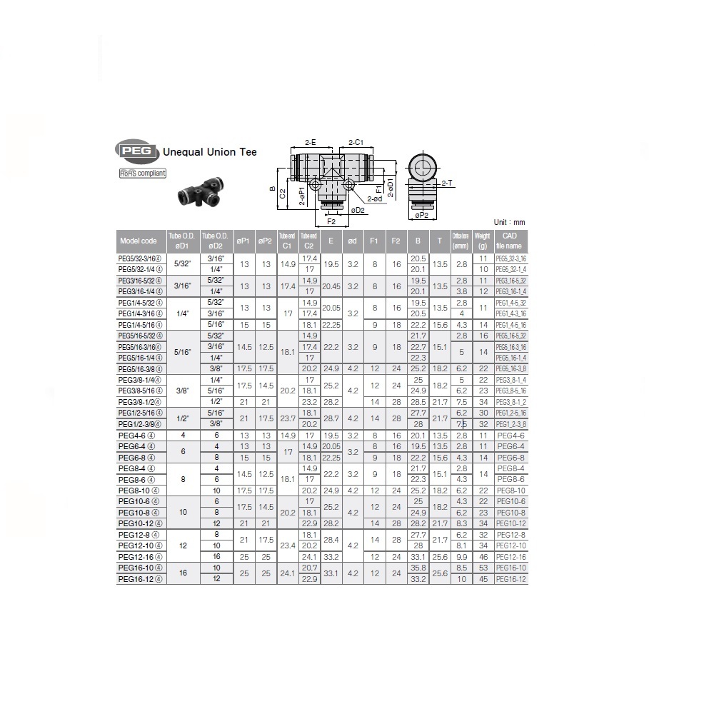 PEG6-4 PISCO PLASTIC PUSH-IN FITTING<BR>4MM TUBE X 6MM TUBE(2) UNION TEE