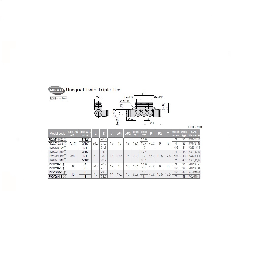 PKVG3/8-3/16 PISCO PLASTIC MANIFOLD PUSH-IN FITTING<BR>3/8" TUBE(2) X 3/16" TUBE(6) DBL TRIPLE UNION BRANCH