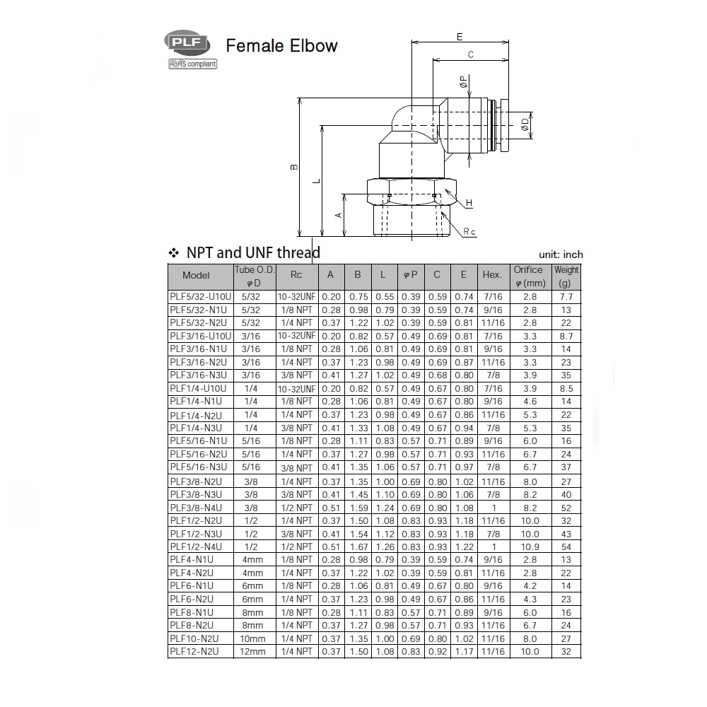 PLF3/8-N3U PISCO PLASTIC PUSH-IN FITTING<BR>3/8" TUBE X 3/8" NPT FEMALE ELBOW