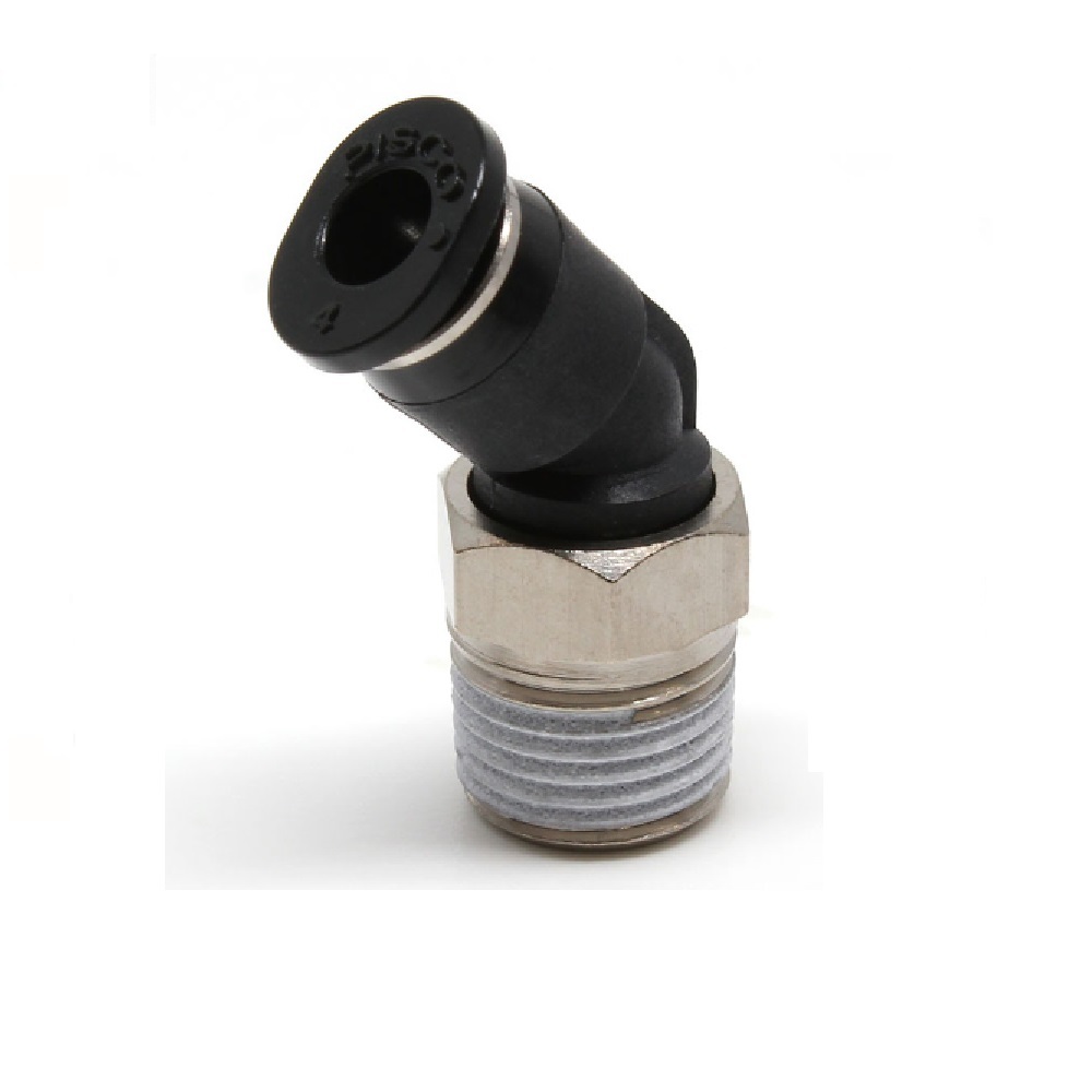 PLH4-01M PISCO MINI PLASTIC PUSH-IN FITTING<BR>4MM TUBE X 1/8" BSPT MALE 45DEG ELBOW