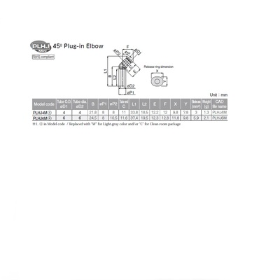 PLHJ6M PISCO MINI PLASTIC PUSH-IN FITTING<BR>6MM TUBE X 6MM PLUG-IN 45DEG ELBOW