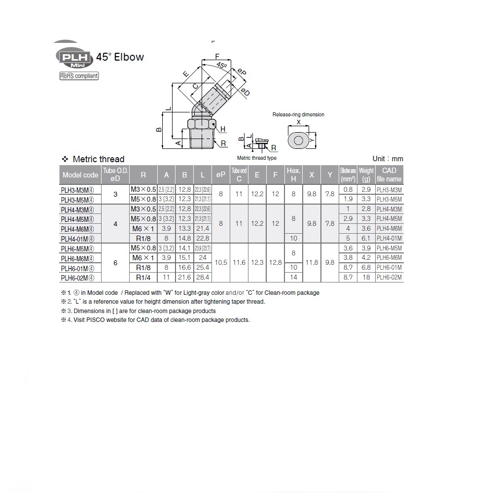 PLH4-M6M PISCO MINI PLASTIC PUSH-IN FITTING<BR>4MM TUBE X M6 MALE 45DEG ELBOW