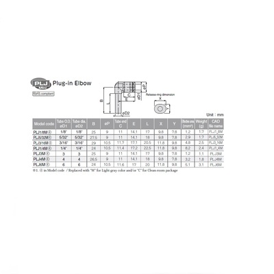 PLJ5/32M PISCO MINI PLASTIC PUSH-IN FITTING<BR>5/32" TUBE X 4MM PLUG-IN ELBOW