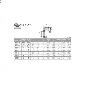 PLJ6 PISCO PLASTIC PUSH-IN FITTING<BR>6MM TUBE X 6MM PLUG-IN ELBOW