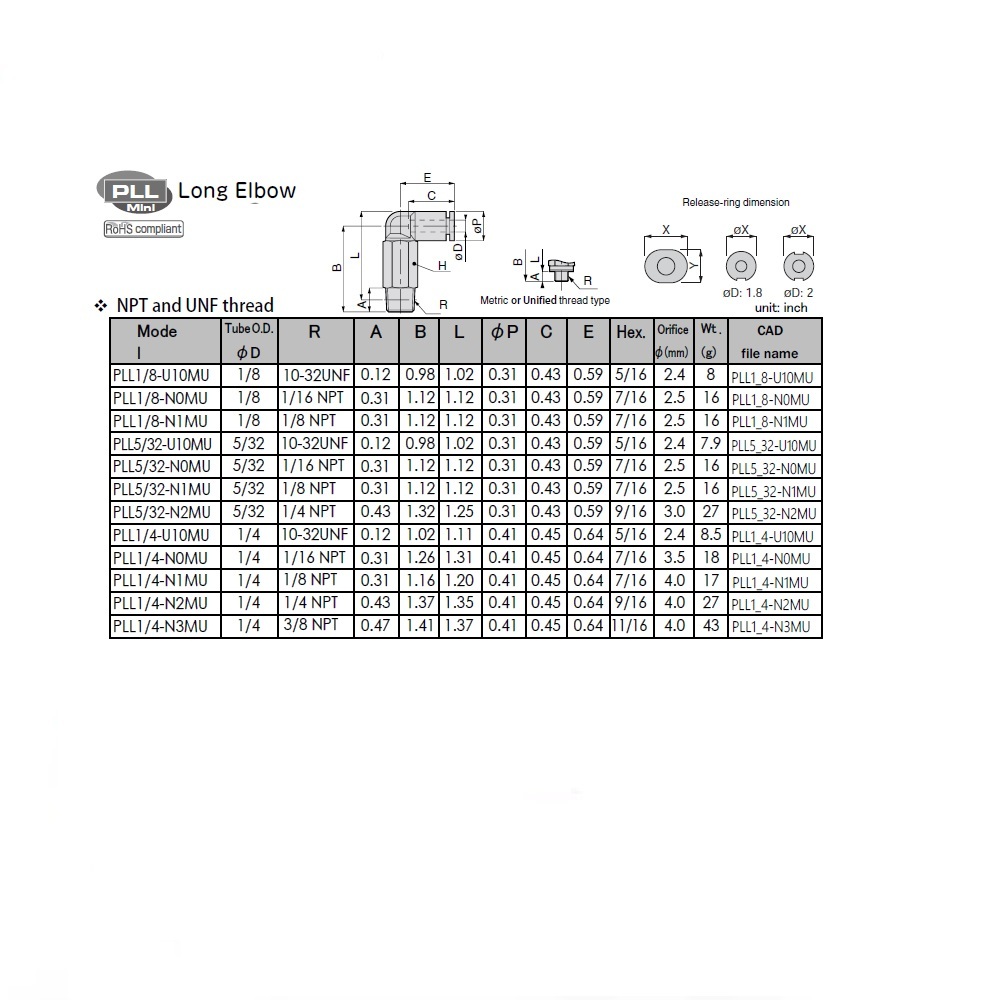 PLL1/8-U10MU PISCO MINI PLASTIC PUSH-IN FITTING<BR>1/8" TUBE X 10/32" UNF MALE EXT ELBOW