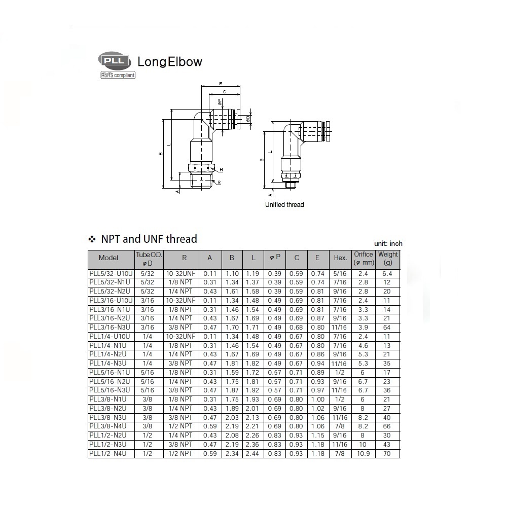 PLL1/4-N3U PISCO PLASTIC PUSH-IN FITTING<BR>1/4" TUBE X 3/8" NPT MALE EXT ELBOW