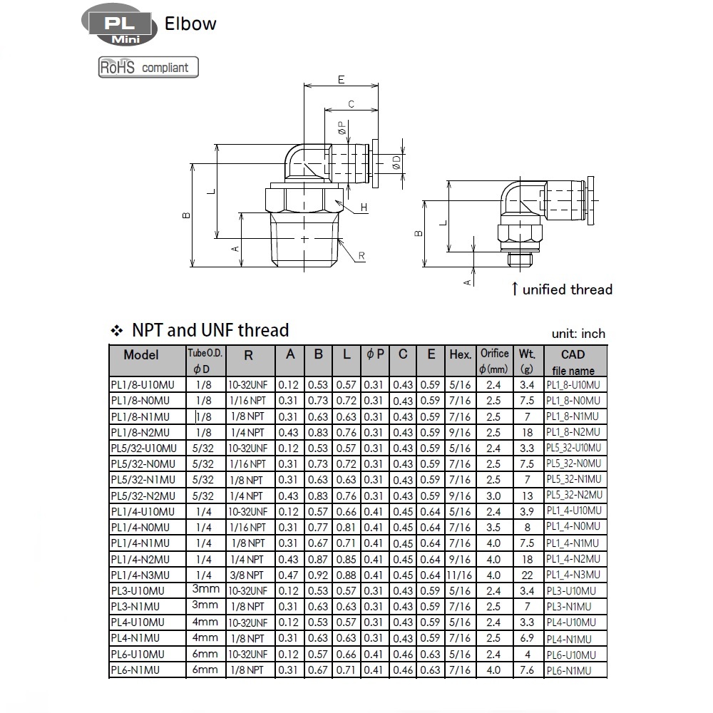 PL6-U10MU PISCO MINI PLASTIC PUSH-IN FITTING<BR>6MM TUBE X 10/32" UNF MALE ELBOW