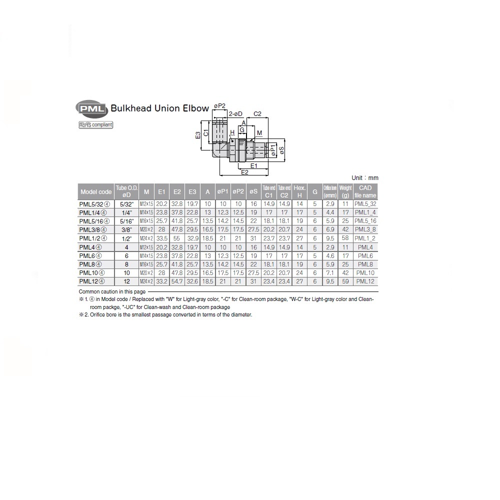 PML10 PISCO PLASTIC PUSH-IN FITTING<BR>10MM TUBE UNION BULKHEAD ELBOW